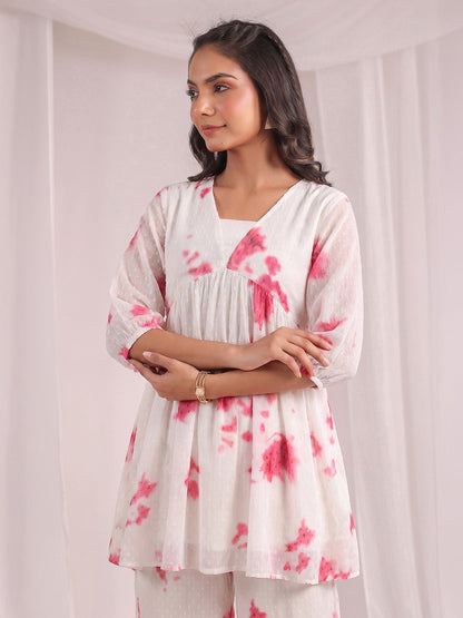Janasya Women's Off White Dobby Georgette Abstract Gathered Co-Od Set