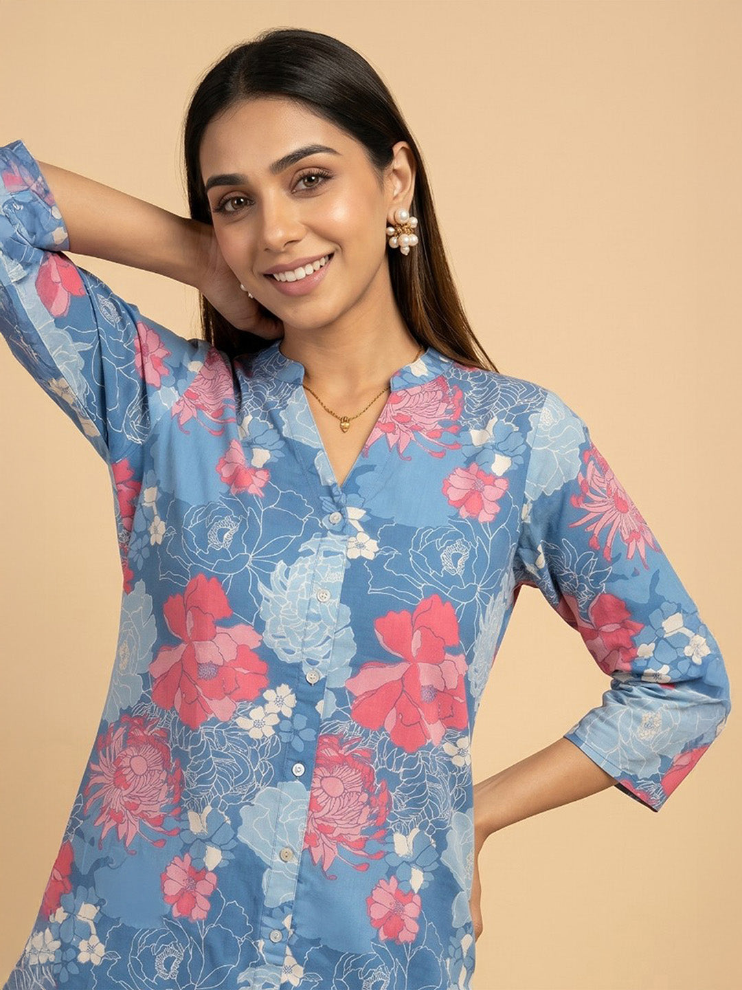 Janasya Women's Blue Pure Cotton Floral Printed Straight Co-Ord Set