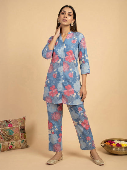 Janasya Women's Blue Pure Cotton Floral Printed Straight Co-Ord Set