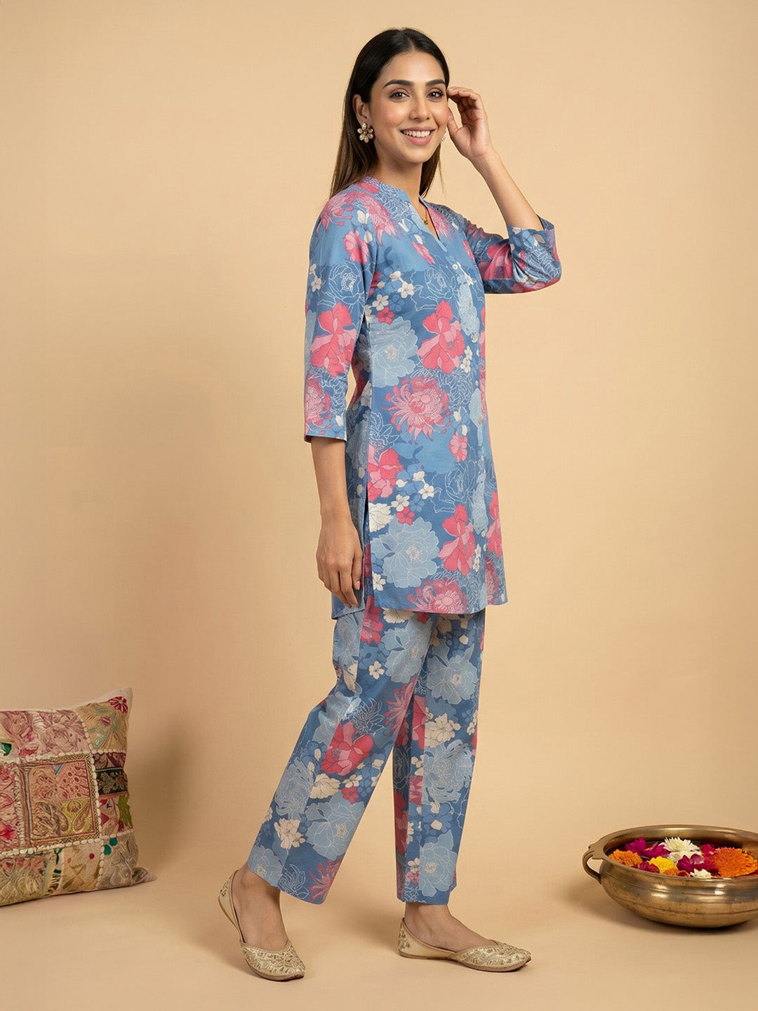 Janasya Women's Blue Pure Cotton Floral Printed Straight Co-Ord Set