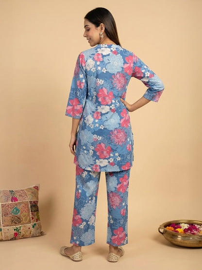 Janasya Women's Blue Pure Cotton Floral Printed Straight Co-Ord Set
