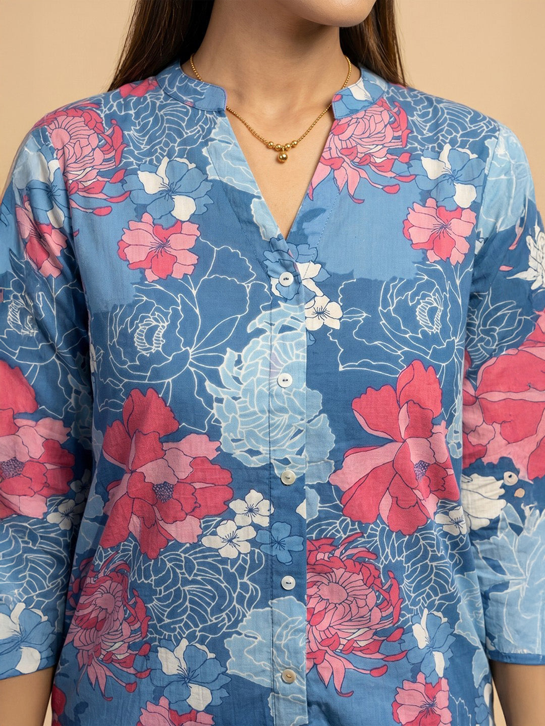 Janasya Women's Blue Pure Cotton Floral Printed Straight Co-Ord Set