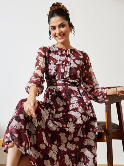 Janasya Women's Brown Chiffon Floral Printed A-line Gathered Dress