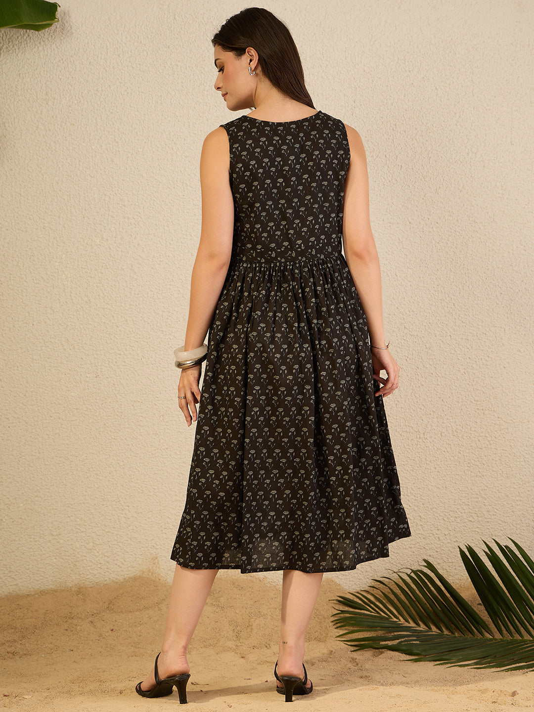 Janasya Women's Black Pure Cotton Floral Printed A-Line Dress