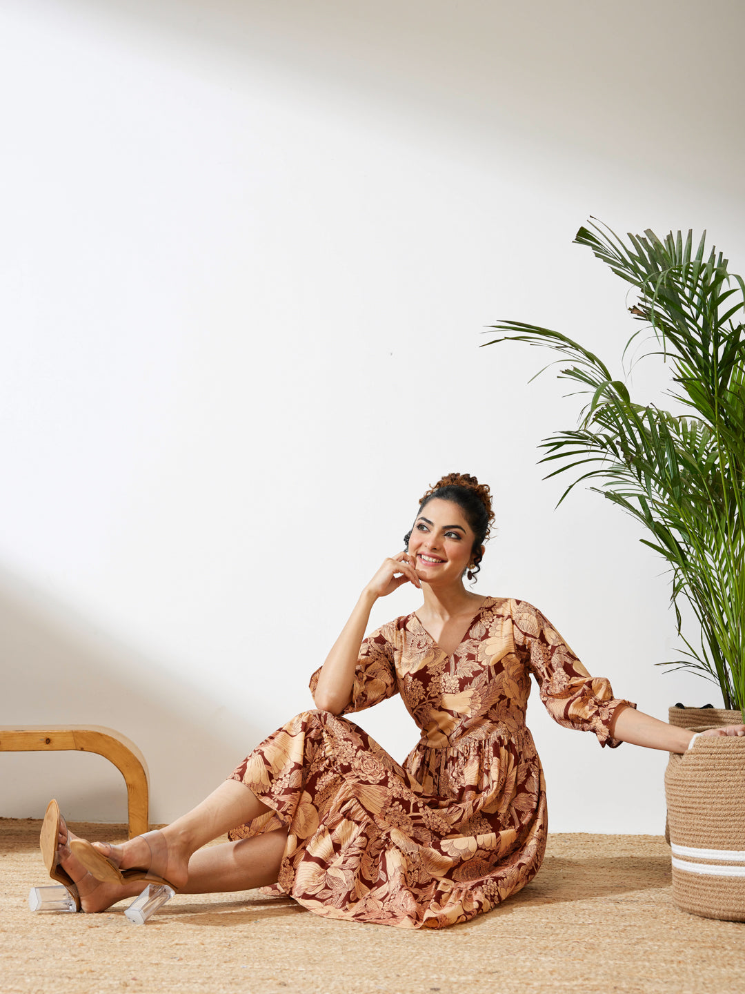 Janasya Women's Maroon Pure Cotton Floral Printed Flared Dress