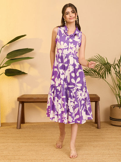 Janasya Women's Purple Pure Cotton Floral Gathered A-line Dress