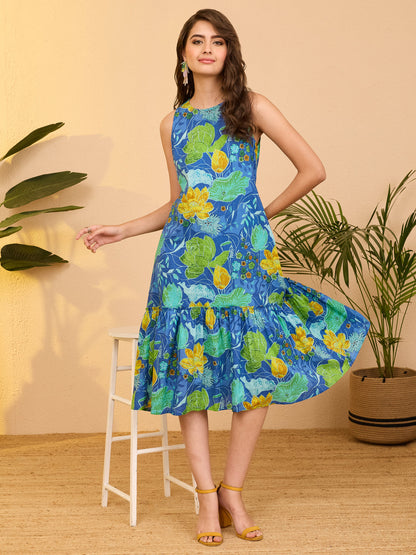 Janasya Women's Aqua Pure Cotton Floral Printed Tiered Dress