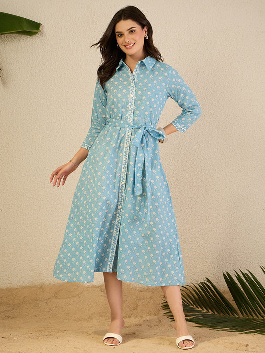 Janasya Women's Light Blue Pure Cotton Floral Printed Shirt Style Dress
