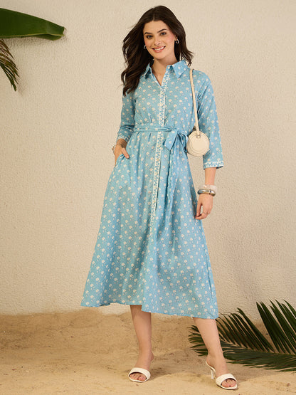 Janasya Women's Light Blue Pure Cotton Floral Printed Shirt Style Dress