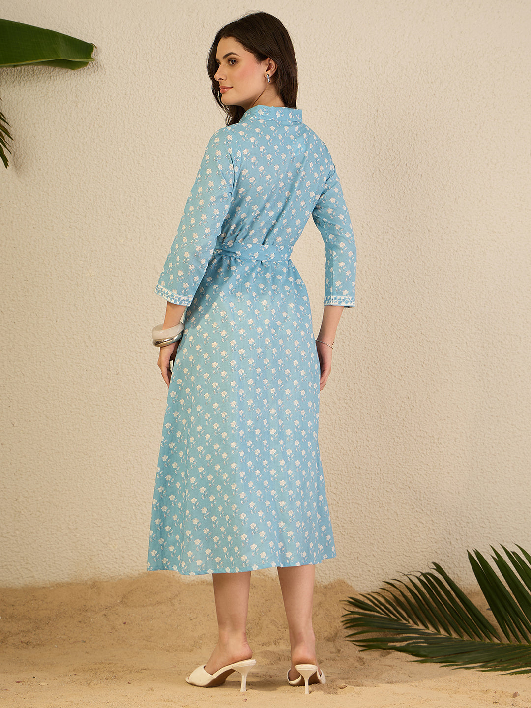 Janasya Women's Light Blue Pure Cotton Floral Printed Shirt Style Dress