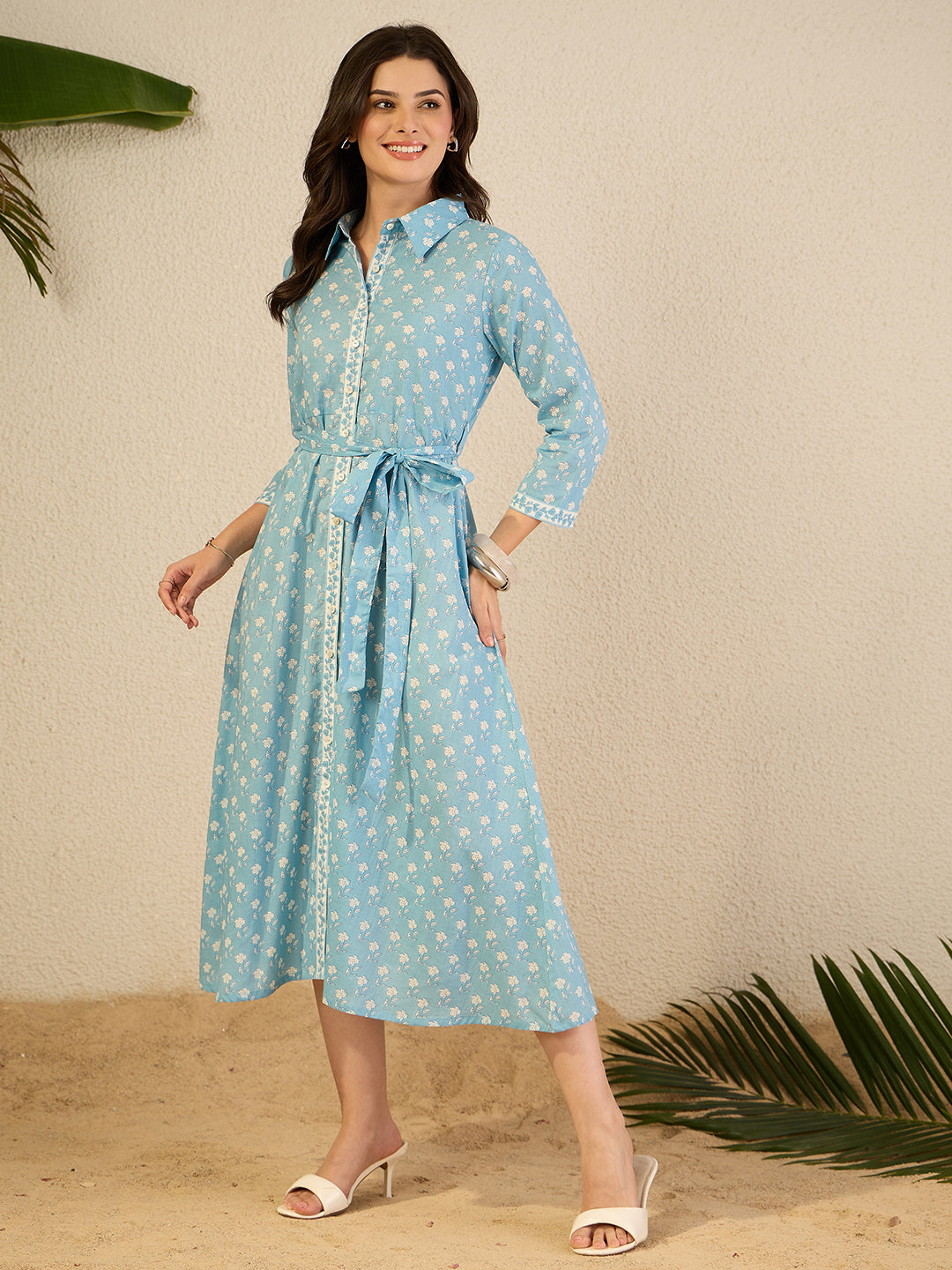 Janasya Women's Light Blue Pure Cotton Floral Printed Shirt Style Dress