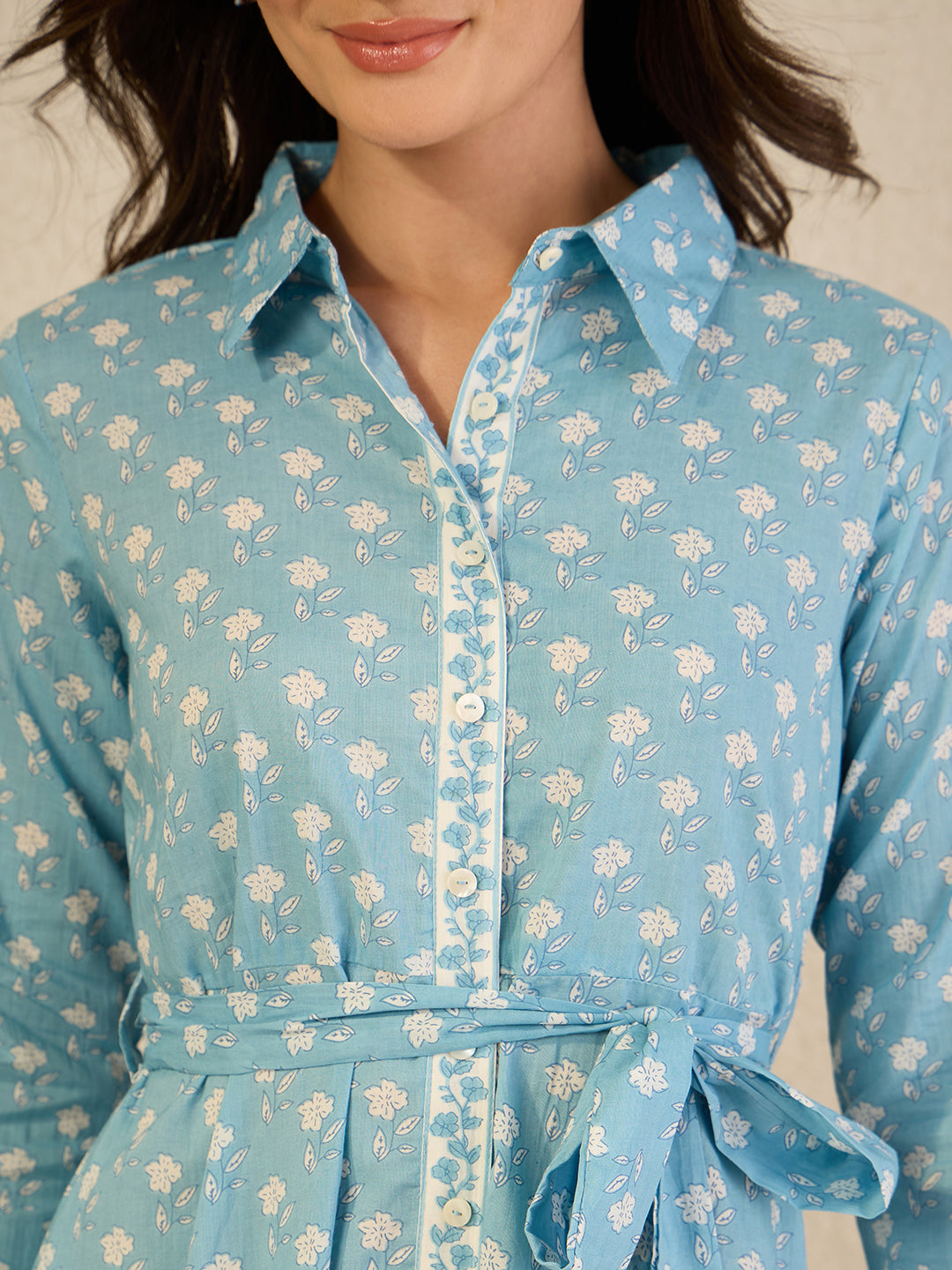Janasya Women's Light Blue Pure Cotton Floral Printed Shirt Style Dress