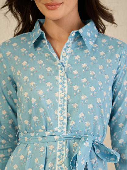 Janasya Women's Light Blue Pure Cotton Floral Printed Shirt Style Dress