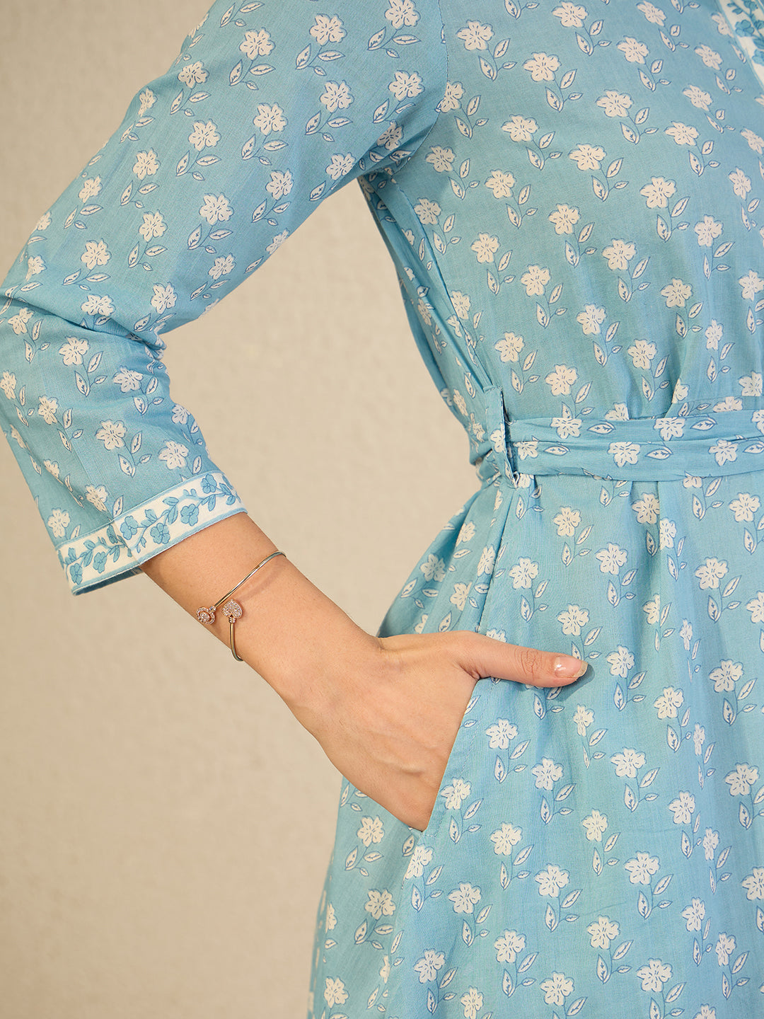Janasya Women's Light Blue Pure Cotton Floral Printed Shirt Style Dress