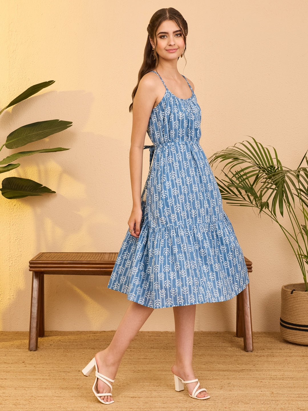 Janasya Women's Blue Pure Cotton Ethnic Motifs Printed A-line Dress
