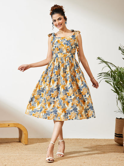 Janasya Women's Cream Pure Cotton Floral Printed Fit & Flare Dress