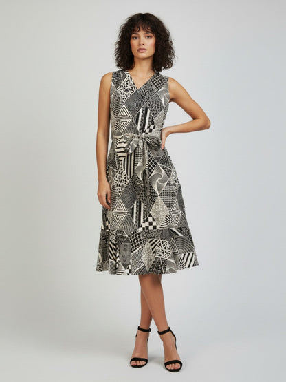 Janasya Women's White Pure Cotton Geometric Printed A-line Dress