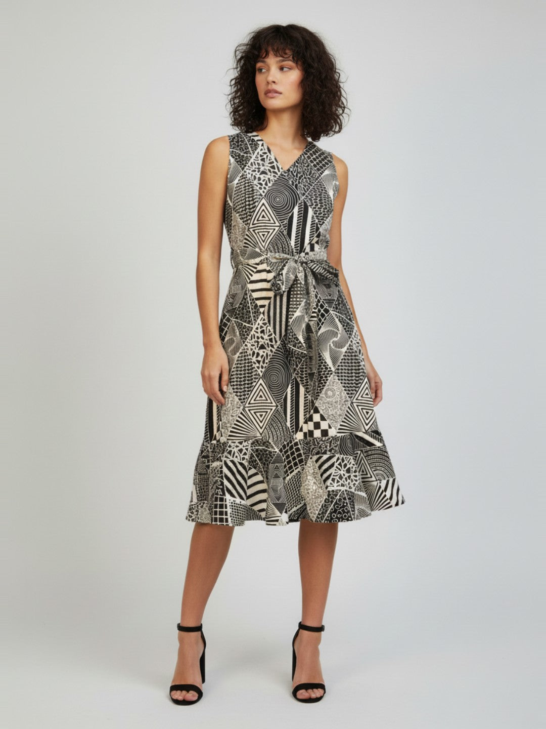 Janasya Women's White Pure Cotton Geometric Printed A-line Dress