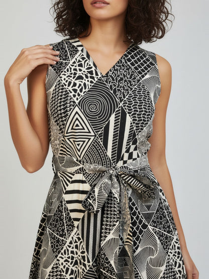 Janasya Women's White Pure Cotton Geometric Printed A-line Dress