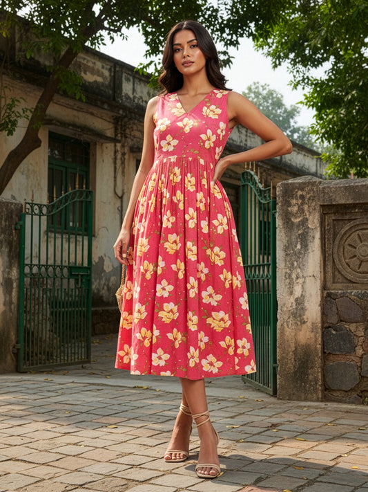 Janasya Women's Pink Pure Cotton Floral Printed A-line Dress