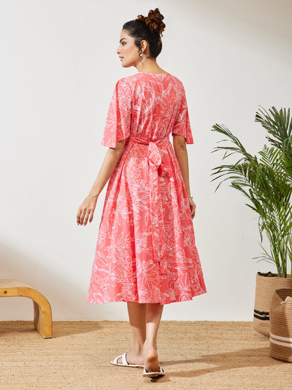 Janasya Women's Peach Cotton Floral Printed A-line Dress