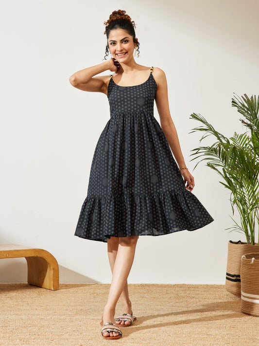 Janasya Women's Navy Blue Pure Cotton Ethnic Motifs Printed A-line Dress