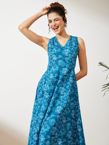 Janasya Women's Blue Pure Cotton Floral Printed Flared Dress