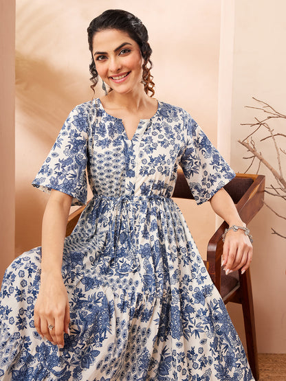 Janasya Women's Blue Pure Cotton Floral Printed Fit & Flare Dress