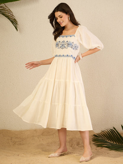 Janasya Women's White Linen Cotton Embroidered Tiered Dress