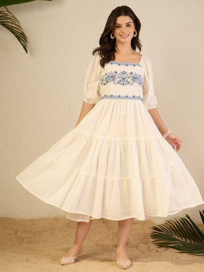 Janasya Women's White Linen Cotton Embroidered Tiered Dress