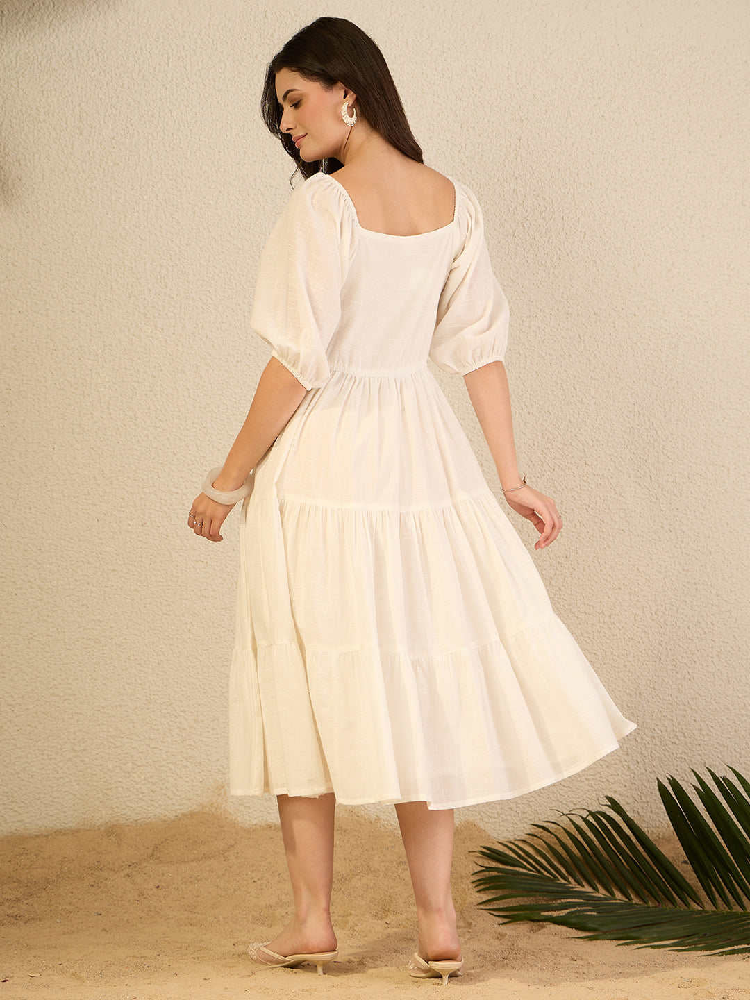 Janasya Women's White Linen Cotton Embroidered Tiered Dress
