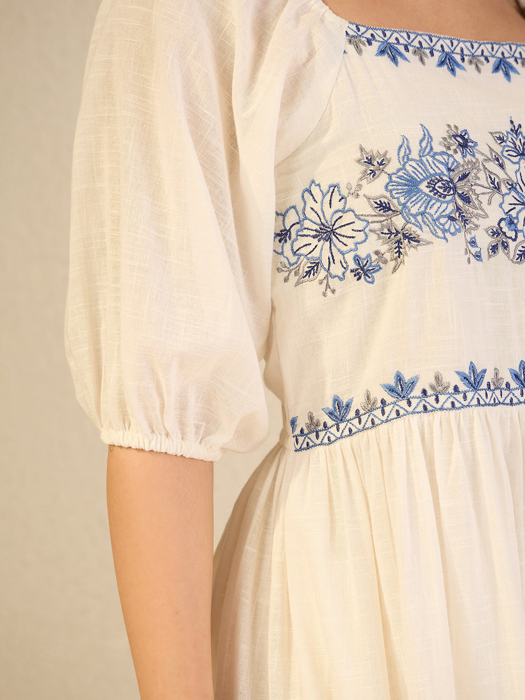 Janasya Women's White Linen Cotton Embroidered Tiered Dress