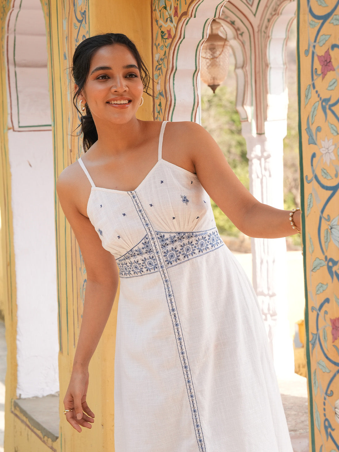 Janasya Women's White Pure Cotton Yoke Embroidered A-Line Dress
