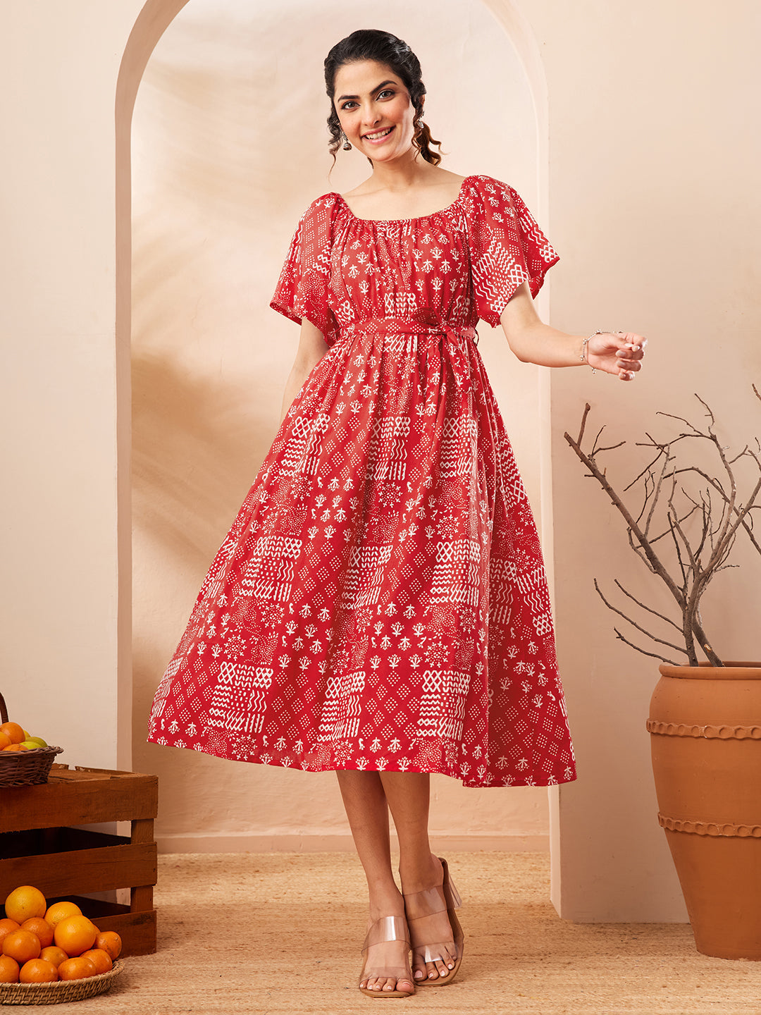 Janasya Women's Red Pure Cotton Printed A-line Dress