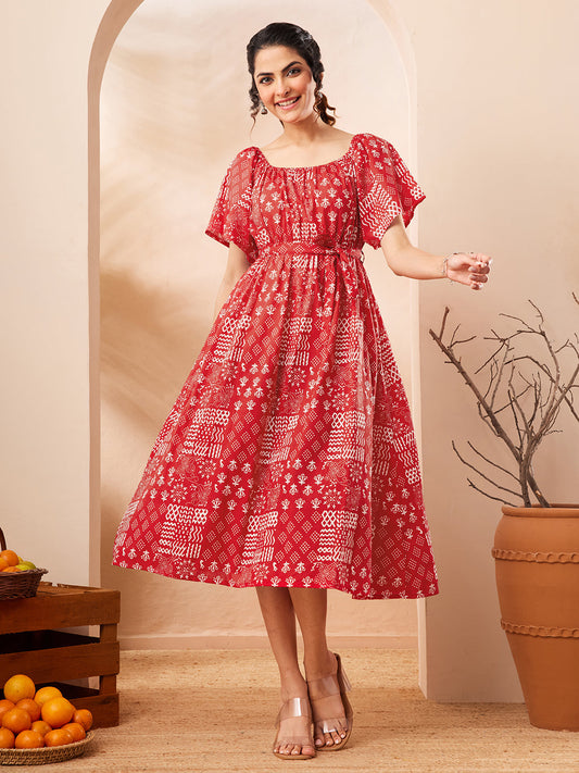 Janasya Women's Red Pure Cotton Printed A-line Dress