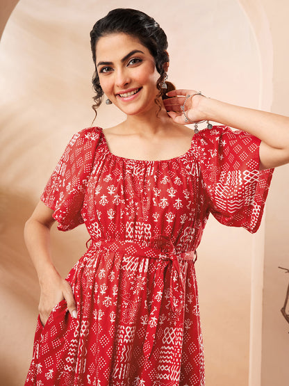 Janasya Women's Red Pure Cotton Printed A-line Dress