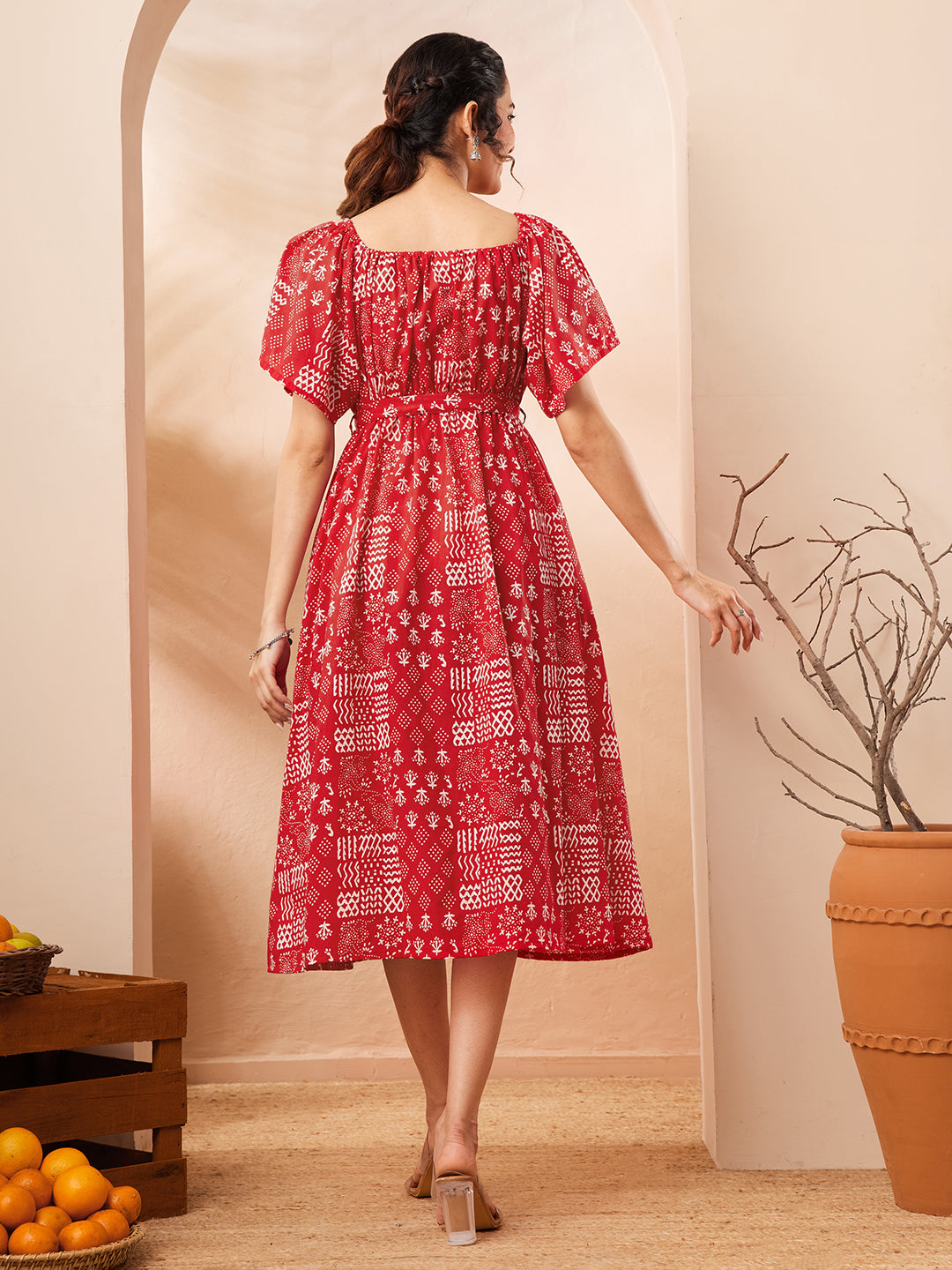 Janasya Women's Red Pure Cotton Printed A-line Dress