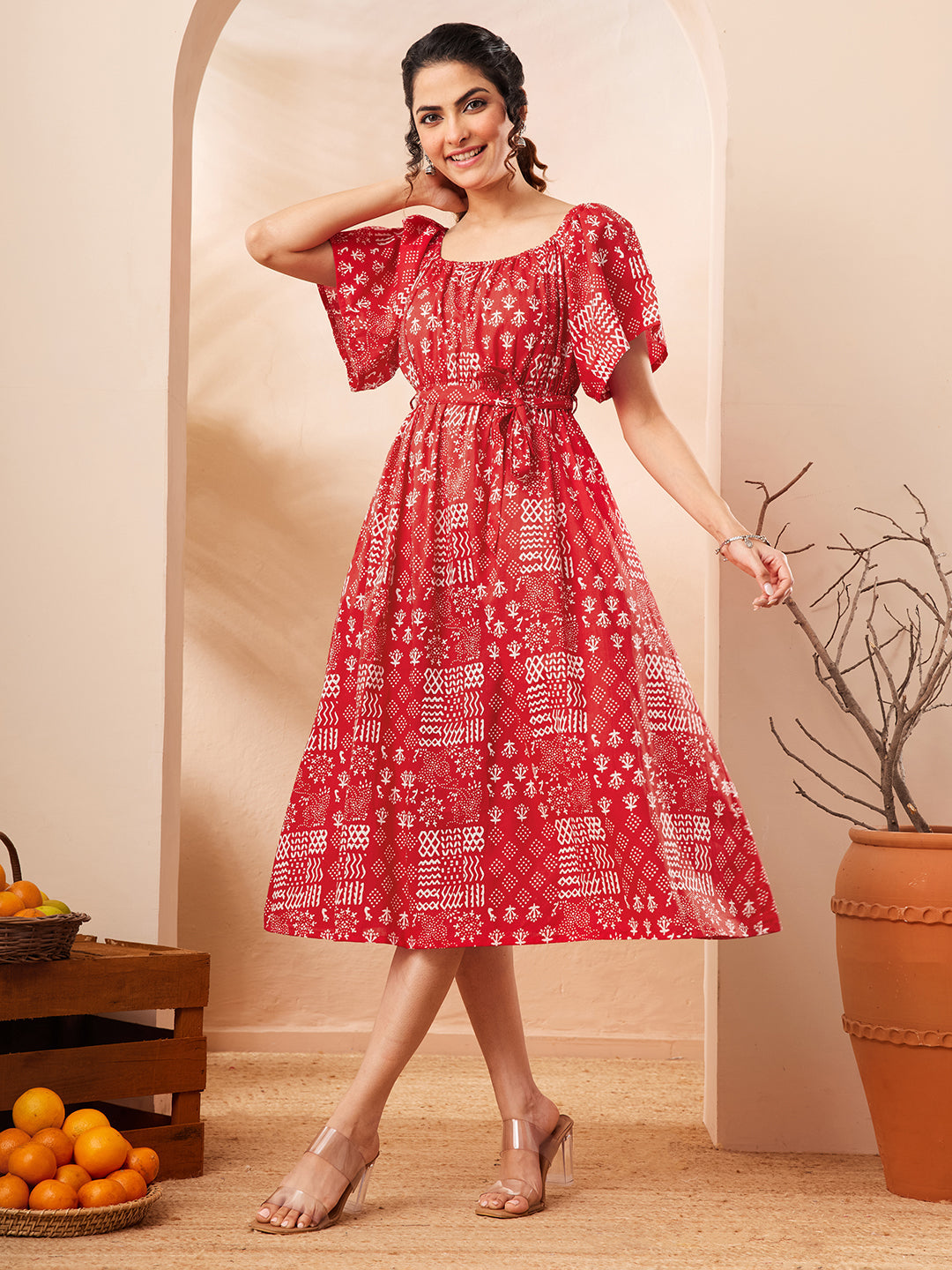 Janasya Women's Red Pure Cotton Printed A-line Dress