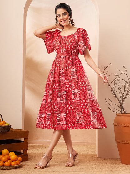 Janasya Women's Red Pure Cotton Printed A-line Dress