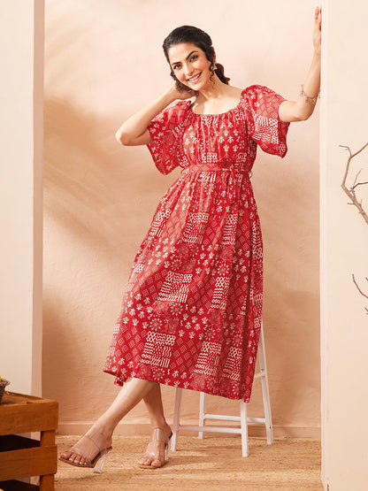 Janasya Women's Red Pure Cotton Printed A-line Dress