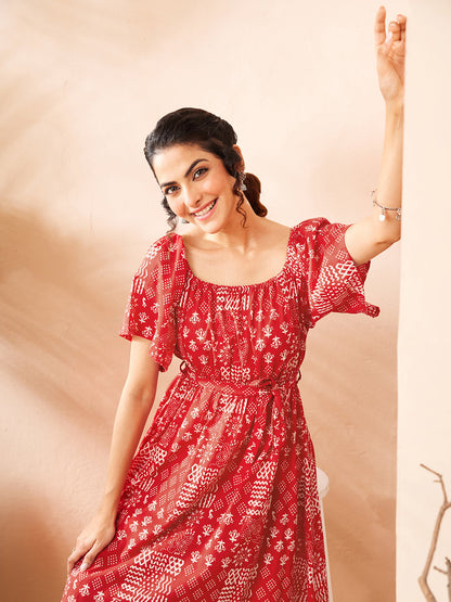 Janasya Women's Red Pure Cotton Printed A-line Dress