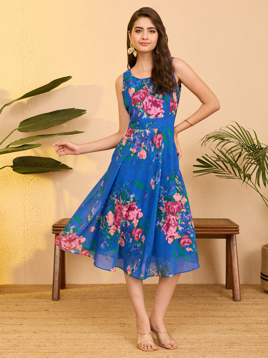 Janasya Women's Royal Blue Georgette Floral Printed A-line Flared Dress