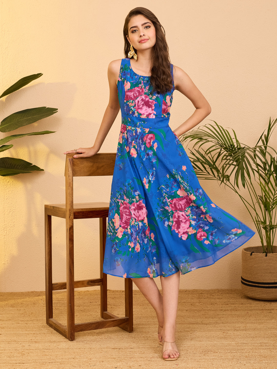 Janasya Women's Royal Blue Georgette Floral Printed A-line Flared Dress