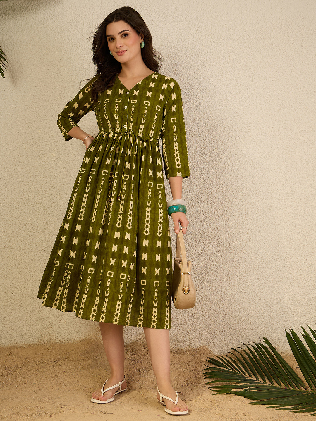 Janasya Women's Olive Green Pure Cotton Geometric Printed Fit & Flare Dress