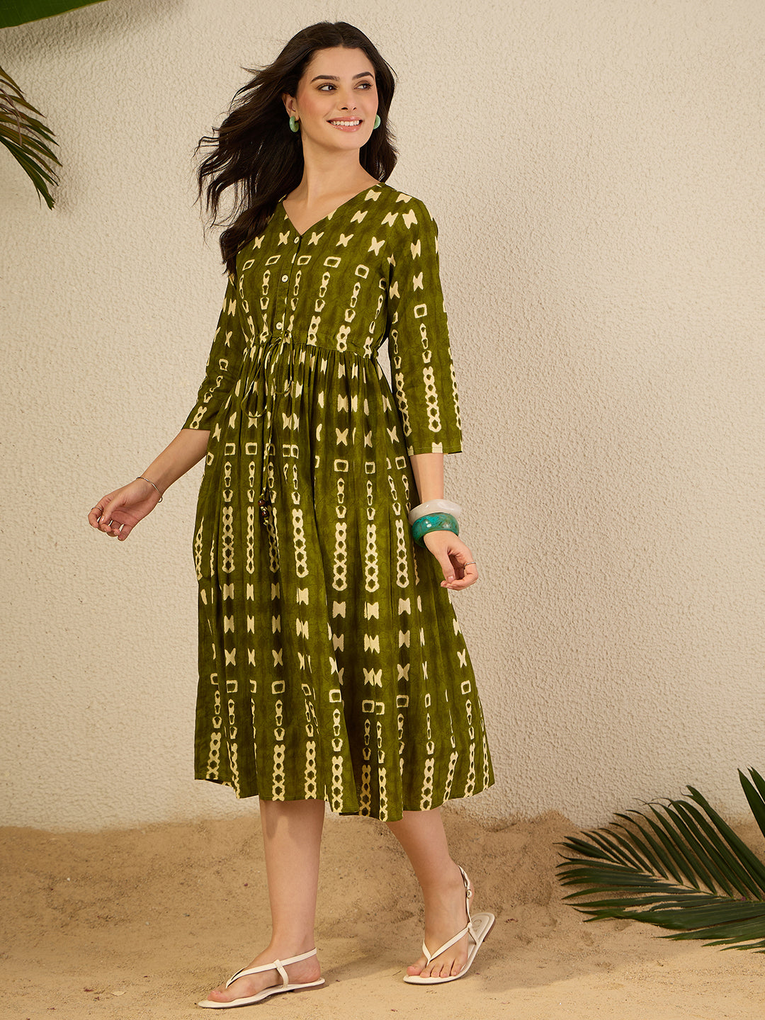 Janasya Women's Olive Green Pure Cotton Geometric Printed Fit & Flare Dress