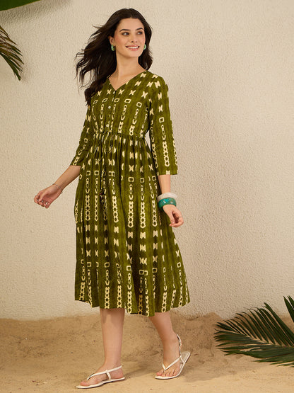 Janasya Women's Olive Green Pure Cotton Geometric Printed Fit & Flare Dress