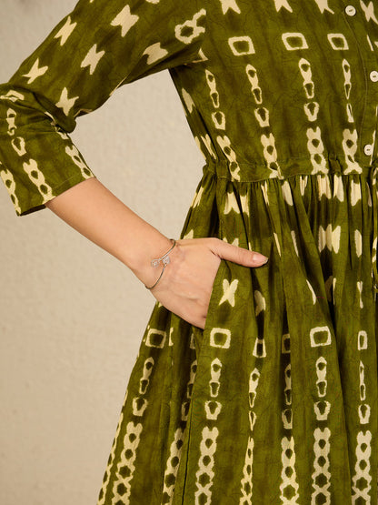 Janasya Women's Olive Green Pure Cotton Geometric Printed Fit & Flare Dress