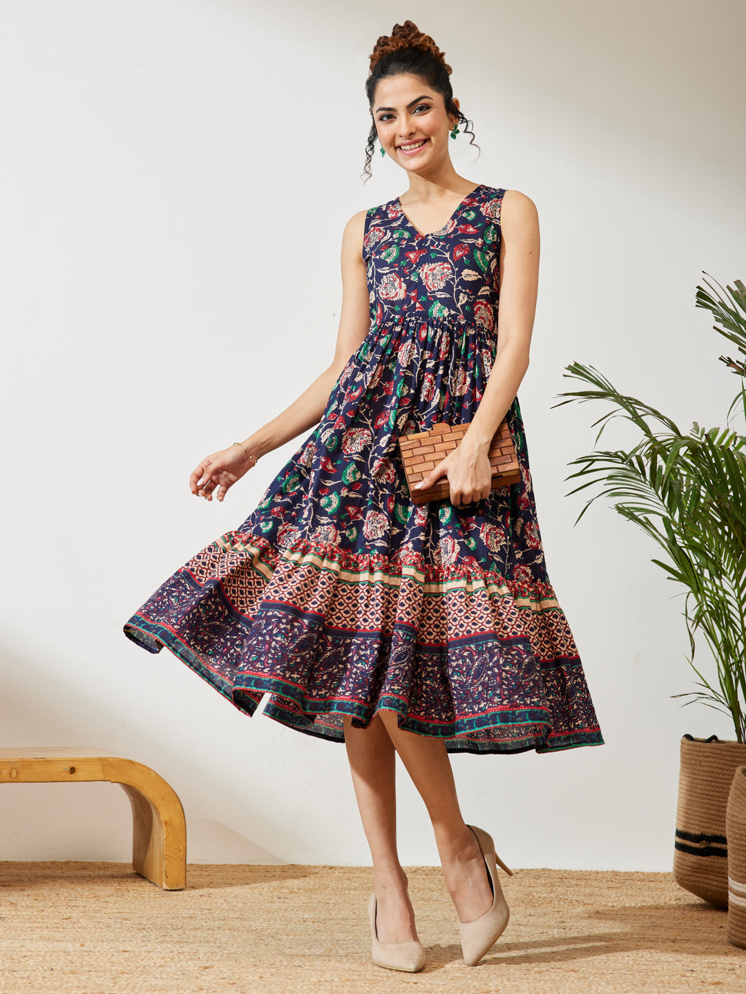 Janasya Women's Navy Blue Pure Cotton Floral Prinrted Gathered Dress