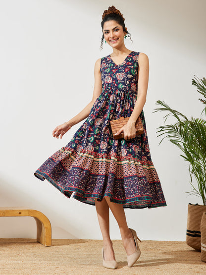 Janasya Women's Navy Blue Pure Cotton Floral Prinrted Gathered Dress