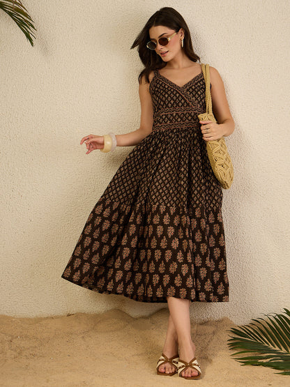 Janasya Women's Brown Pure Cotton Ethnic Motifs Printed Tiered Dress